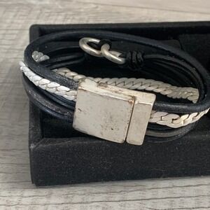 Black Leather Multi Strand Wrap Bracelet Magnetic Clasp Silver Tone Infinity